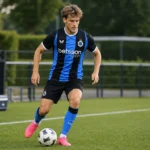 Lynnt Audoor van Club Brugge tijdens een warming-up langs het veld.