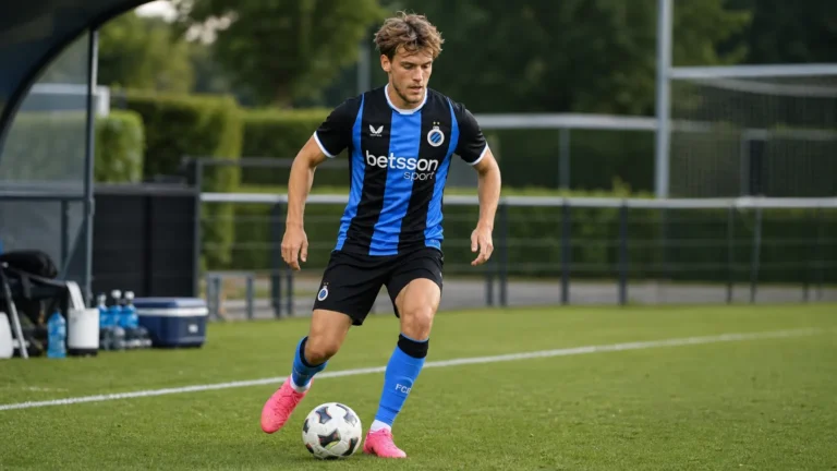 Lynnt Audoor van Club Brugge tijdens een warming-up langs het veld.