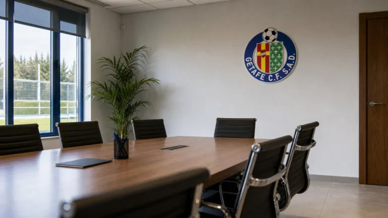 Rustige ontvangstzone van een clubkantoor in Getafe met een discreet wandembleem.