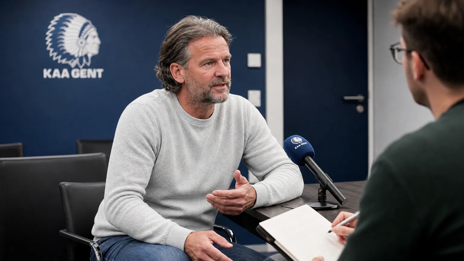 Rik De Mil spreekt in een KAA Gent-mediazaal met een discreet clublogo op de achtergrond.