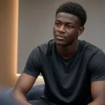 Jesse Bisiwu tijdens een rustig interview in een neutrale ruimte met een discreet FC Barcelona-wanddetail.