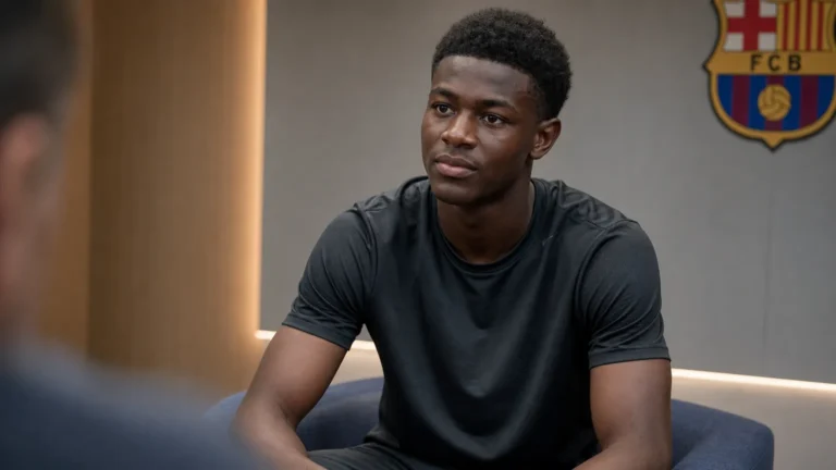 Jesse Bisiwu tijdens een rustig interview in een neutrale ruimte met een discreet FC Barcelona-wanddetail.