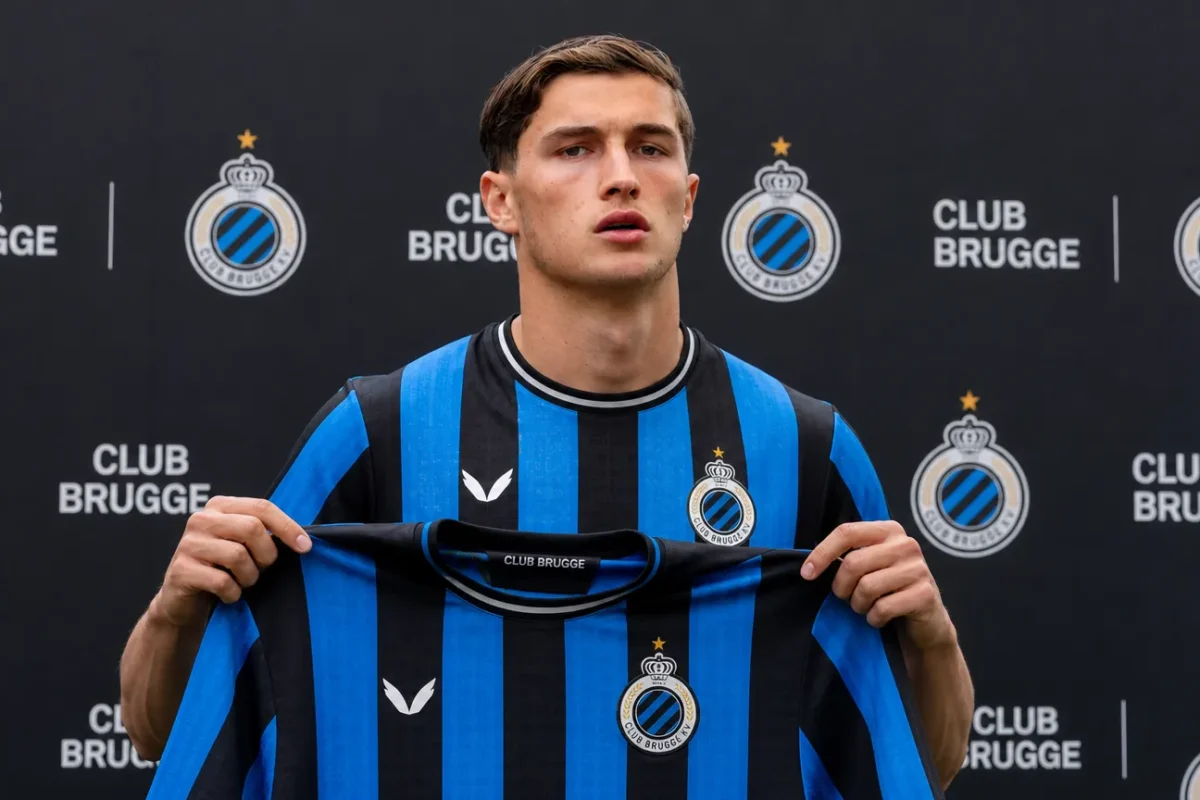 Freddie Potts presenteert het shirt van Club Brugge tijdens zijn officiële voorstelling.