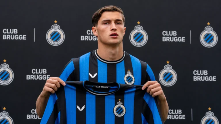 Freddie Potts presenteert het shirt van Club Brugge tijdens zijn officiële voorstelling.
