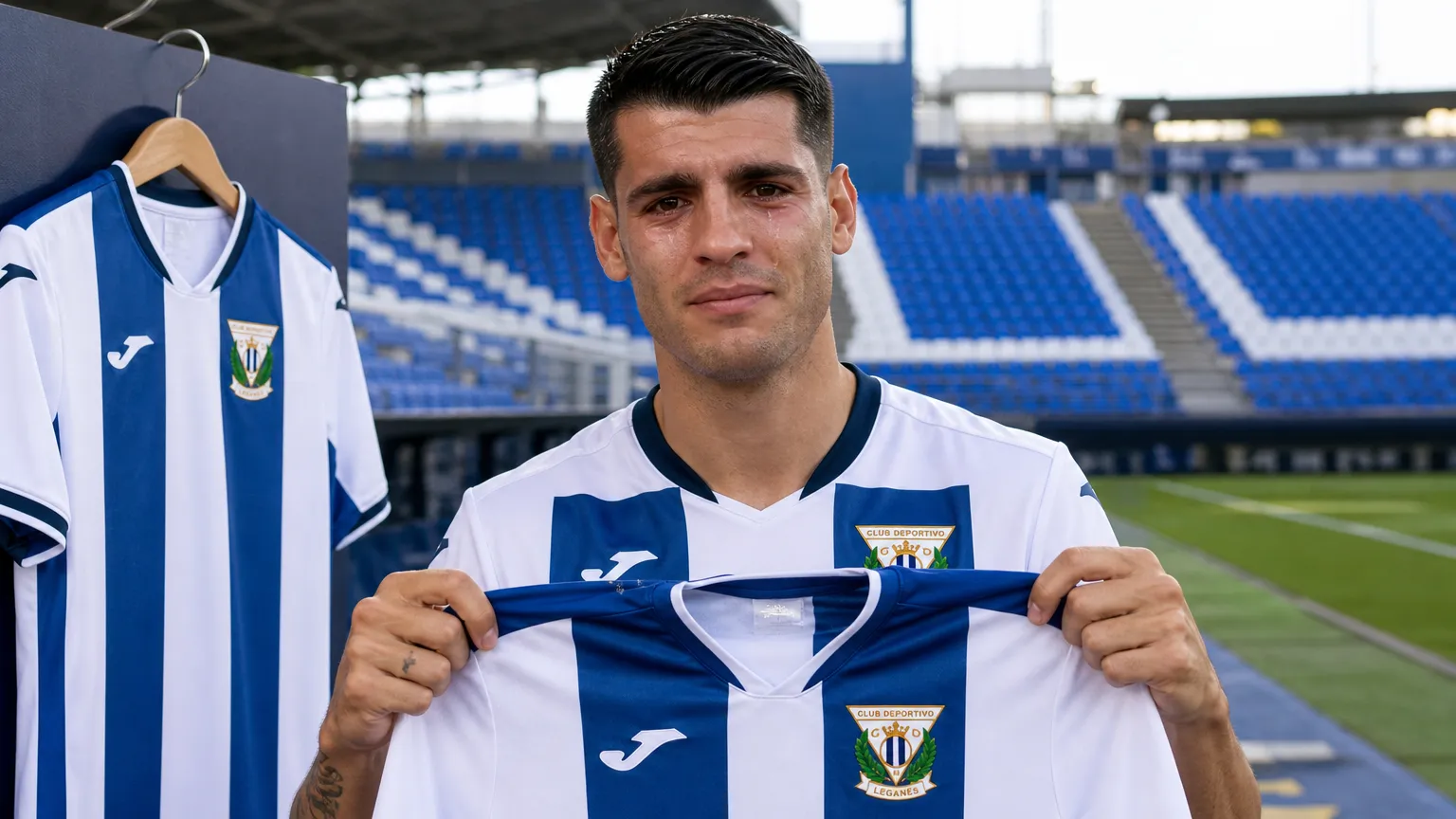 Álvaro Morata toont het shirt van Leganés tijdens zijn officiële presentatie.