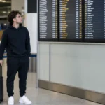 Marc Guiu in neutrale reiskleding in een luchthavenvertrekhal.