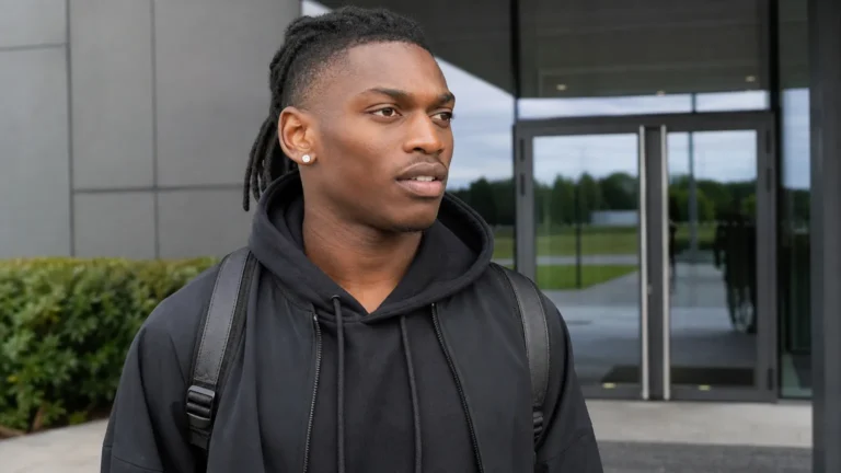 Rafael Leão in neutrale sportkleding bij een modern voetbalcomplex