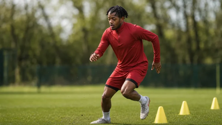 Samuel Mbangula tijdens een loopoefening op een trainingsveld in neutrale sportkleding.