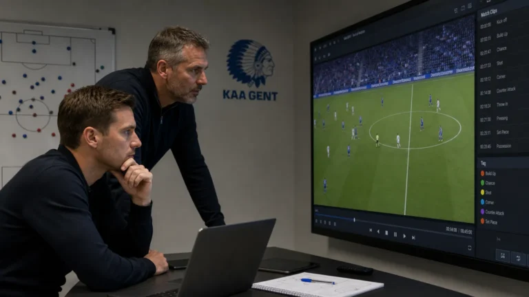 Medewerkers bekijken wedstrijdbeelden in een analyseruimte met een discreet KAA Gent-logo aan de muur.