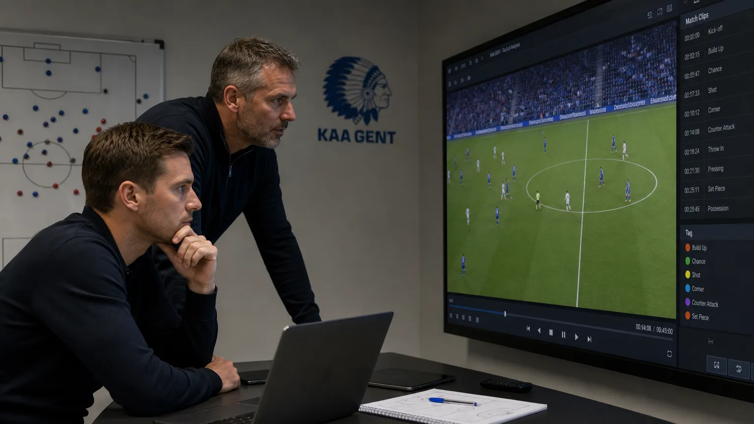 Medewerkers bekijken wedstrijdbeelden in een analyseruimte met een discreet KAA Gent-logo aan de muur.