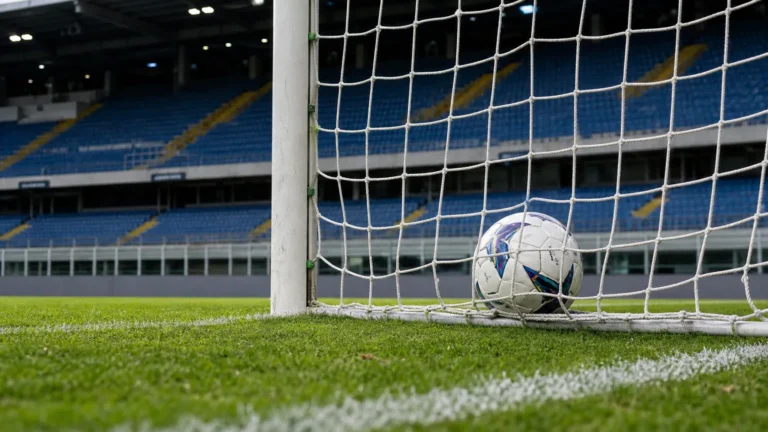 Een wedstrijdbal ligt na een doelpunt in het net van een voetbaldoel.