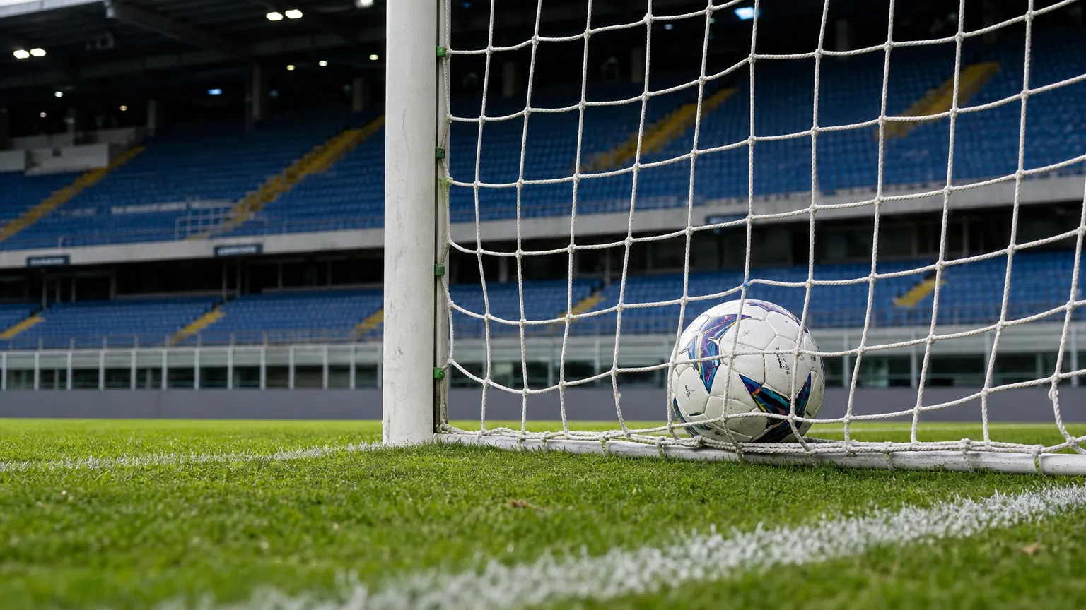 Een wedstrijdbal ligt na een doelpunt in het net van een voetbaldoel.