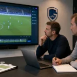 Twee stafleden bekijken beelden in een analyselokaal van KRC Genk.