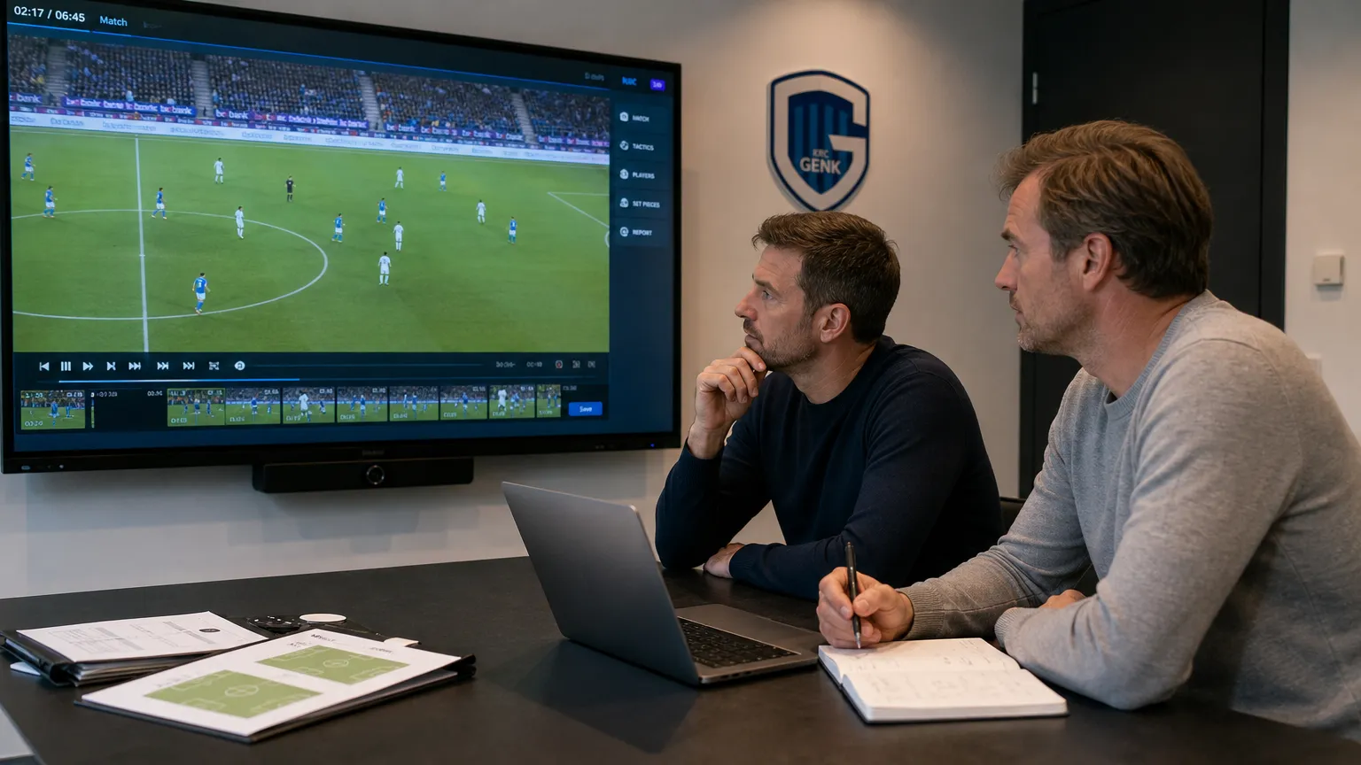 Twee stafleden bekijken beelden in een analyselokaal van KRC Genk.