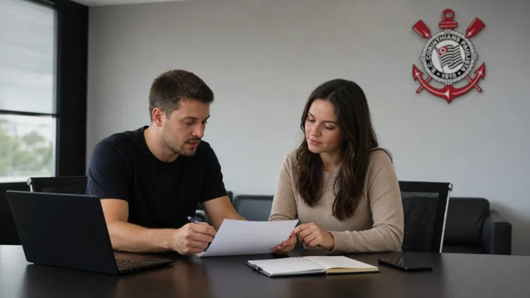 Medewerkers in een operationele mediaruimte van Corinthians tijdens een briefing.