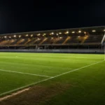 Verlicht veld op Daknam na een avondwedstrijd.
