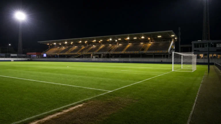 Verlicht veld op Daknam na een avondwedstrijd.