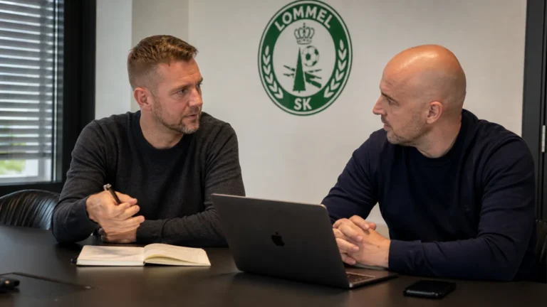 Twee medewerkers overleggen in een vergaderruimte van Lommel SK met een clubembleem aan de muur.