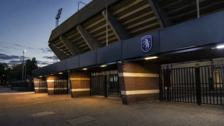 Ingang van het Kiel met een discreet Beerschot-clubanker.