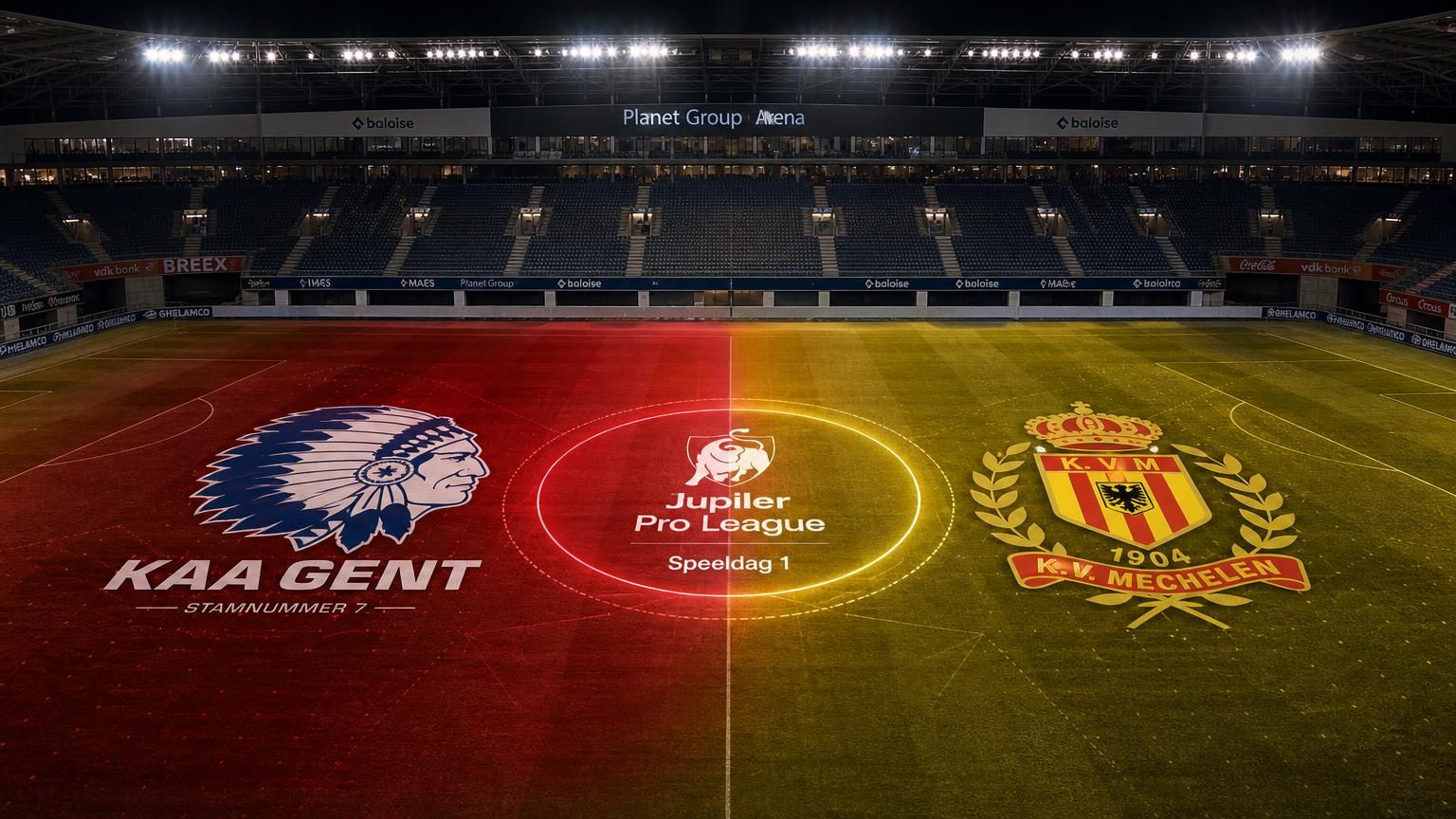 KAA Gent en KV Mechelen centraal in een donkere stadionscan voor speeldag 1