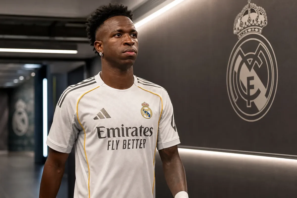 Vinícius Júnior in het tenue van Real Madrid in een stadiontunnel.