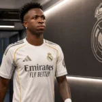 Vinícius Júnior in het tenue van Real Madrid in een stadiontunnel.