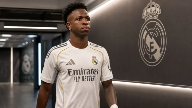 Vinícius Júnior in het tenue van Real Madrid in een stadiontunnel.
