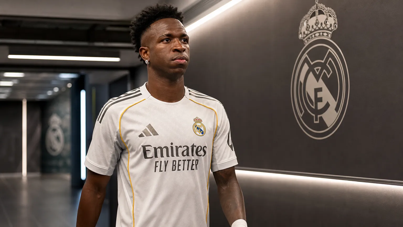 Vinícius Júnior in het tenue van Real Madrid in een stadiontunnel.