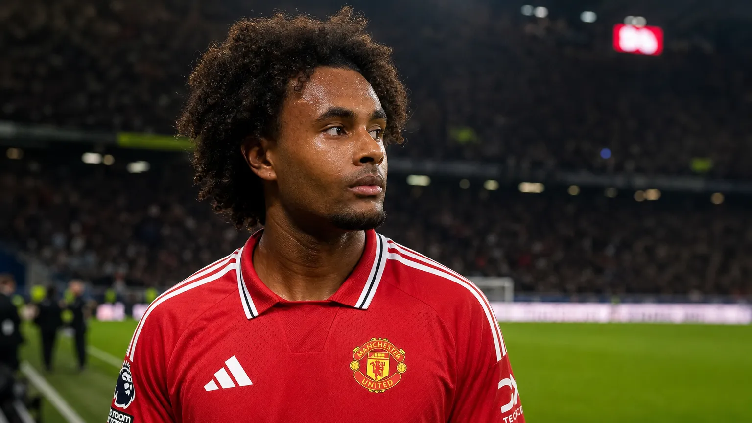 Joshua Zirkzee in rood tenue aan de rand van een voetbalveld.