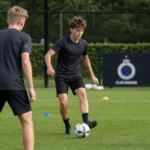 Jonge voetballers tijdens een oefenvorm op een trainingsveld met een Club Brugge-bord.