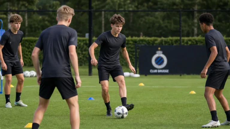 Jonge voetballers tijdens een oefenvorm op een trainingsveld met een Club Brugge-bord.