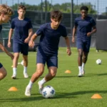 Jeugdspelers tijdens een training op een veld van de Club Brugge-academie.
