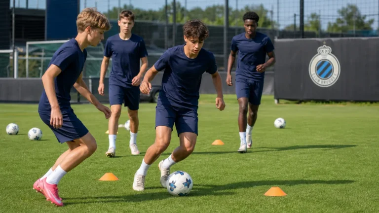 Jeugdspelers tijdens een training op een veld van de Club Brugge-academie.