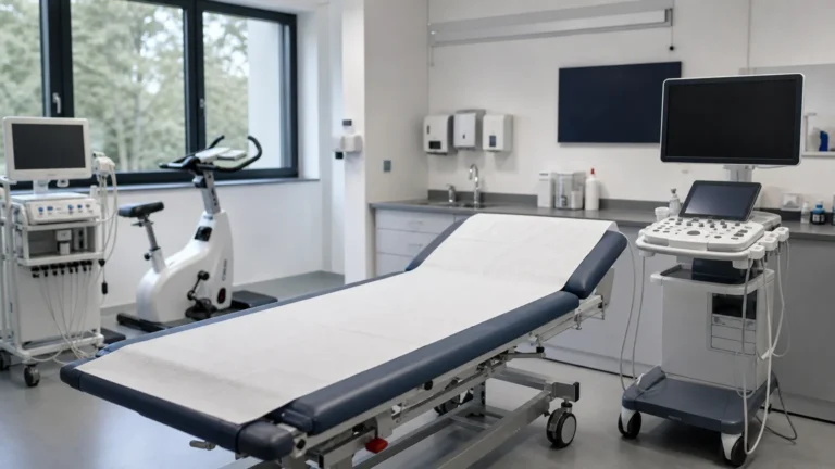 Een voorbereide ruimte voor een sportmedisch onderzoek met onderzoeksbed en meetapparatuur.