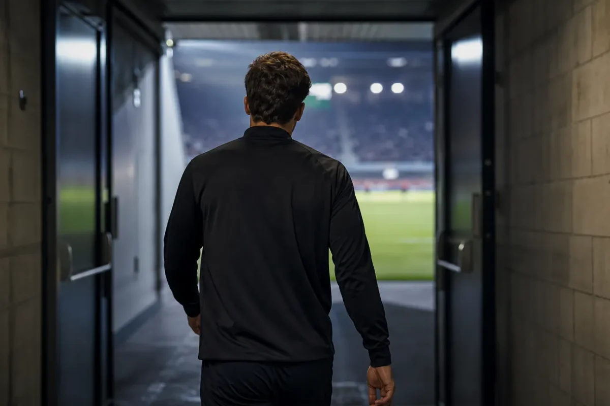 Een niet-herkenbare voetballer wandelt alleen door een neutrale spelerstunnel.