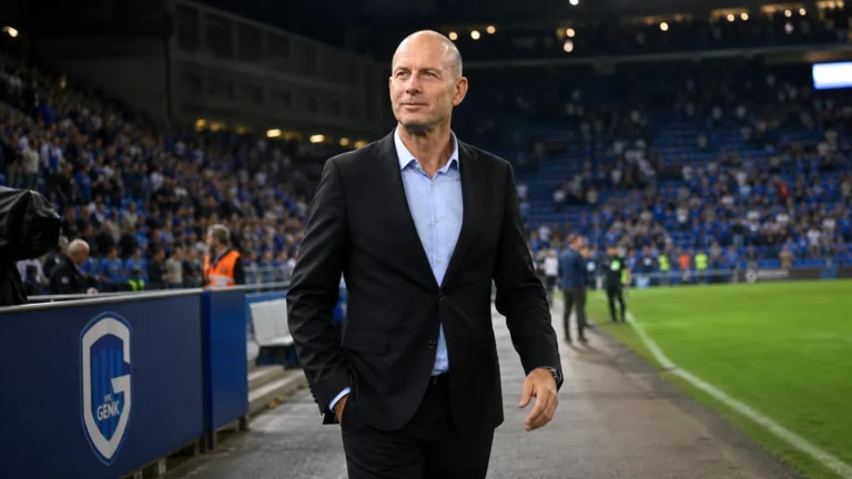 Jess Thorup wandelt na een wedstrijd langs de zijlijn van KRC Genk.