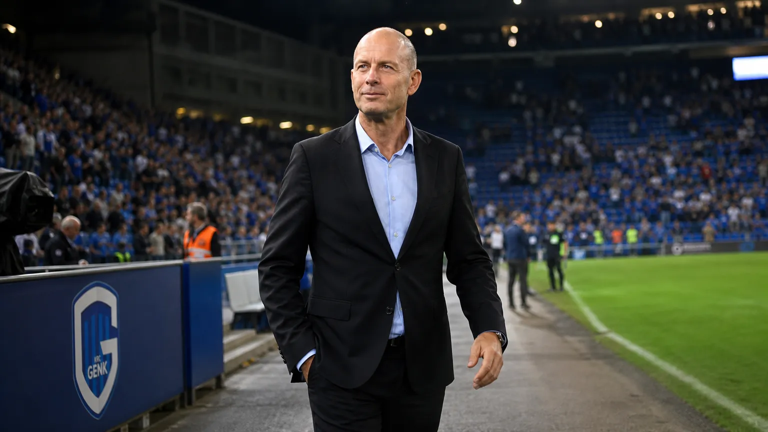 Jess Thorup wandelt na een wedstrijd langs de zijlijn van KRC Genk.