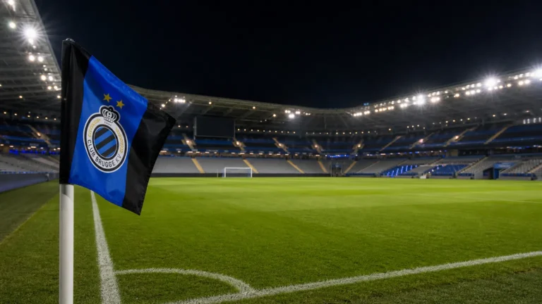 Een verlicht voetbalstadion met een Club Brugge-vlag langs het veld voor een Champions League-avond.