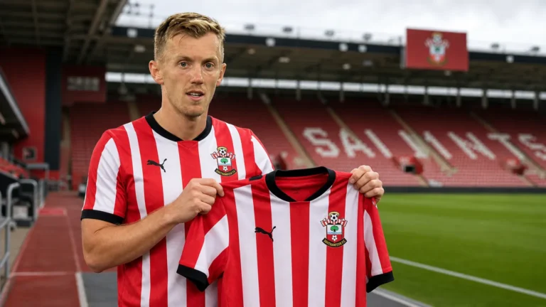 James Ward-Prowse poseert met het shirt van Southampton tijdens zijn officiële voorstelling.