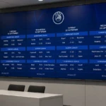 Een digitaal UEFA-scherm met een Europese wedstrijdkalender in een voetbalpersruimte.