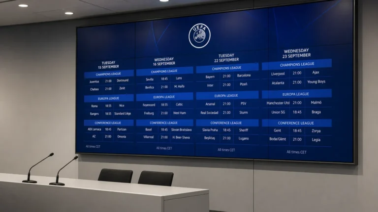 Een digitaal UEFA-scherm met een Europese wedstrijdkalender in een voetbalpersruimte.