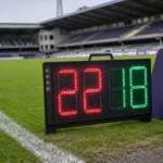 Een elektronisch wisselbord staat aan de zijlijn van een voetbalveld bij een wedstrijd van de RSCA Futures.