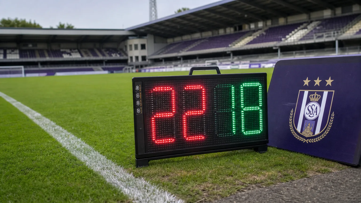 Een elektronisch wisselbord staat aan de zijlijn van een voetbalveld bij een wedstrijd van de RSCA Futures.