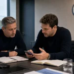 Twee medewerkers overleggen in een operationele vergaderruimte met een discreet Manchester City-wandlogo.