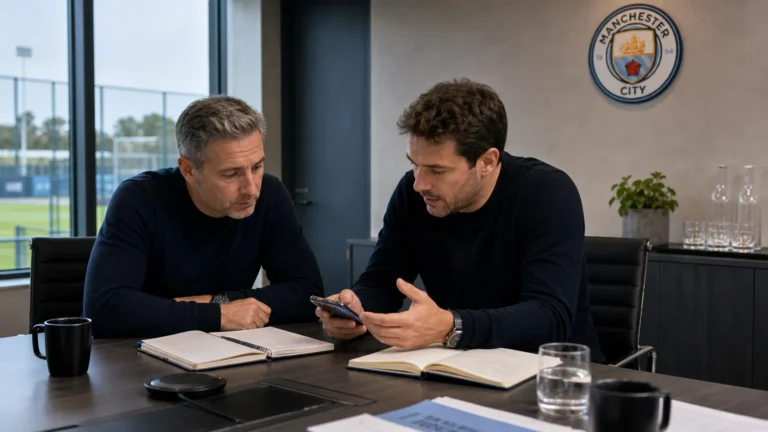 Twee medewerkers overleggen in een operationele vergaderruimte met een discreet Manchester City-wandlogo.