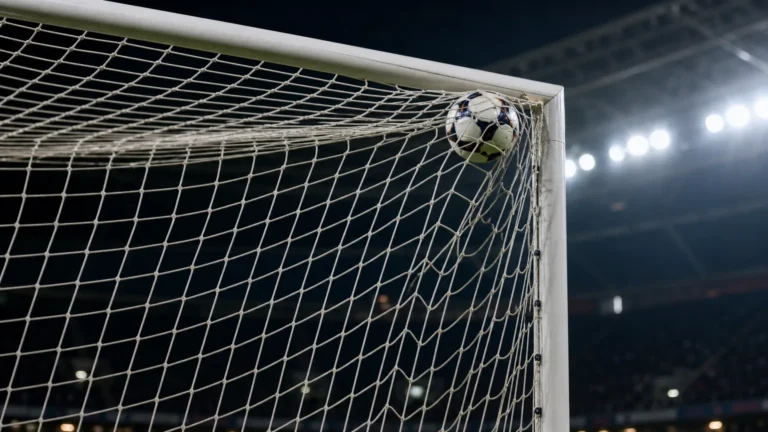 Een voetbal vliegt hoog in de hoek van het doel tijdens een wedstrijd.