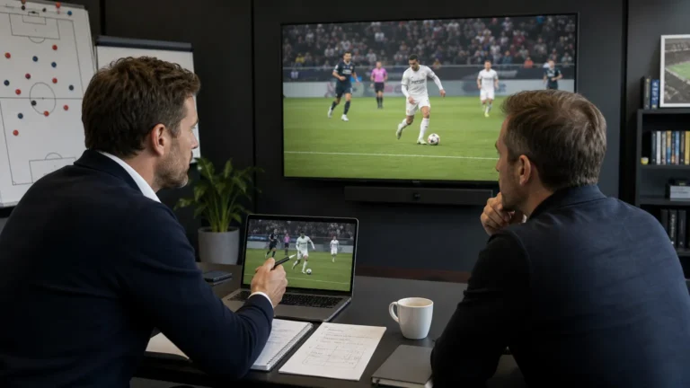 Twee voetbalmedewerkers bekijken beelden van een spits tijdens een recruitmentoverleg.