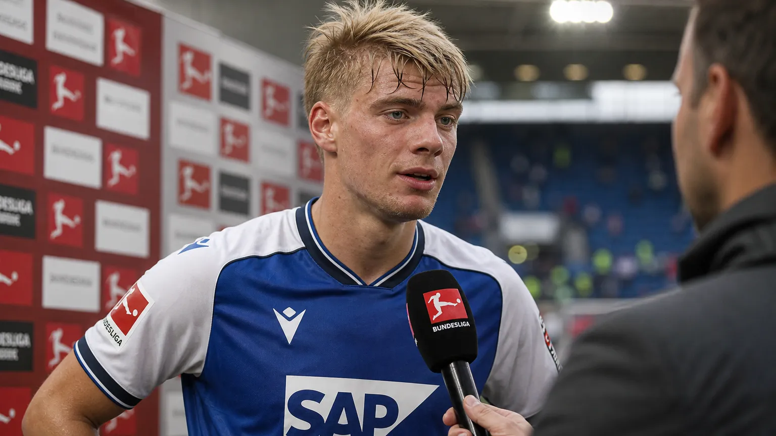 Nathan De Cat spreekt na een Bundesliga-wedstrijd in zijn Hoffenheim-tenue met een journalist.