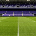 De centrale middenzone van een leeg voetbalveld in een stadion met een discreet Anderlecht-bord.