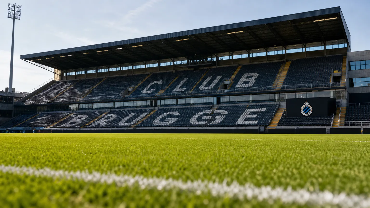 Het lege veld van Club Brugge met een discreet clubbord langs de hoofdtribune.